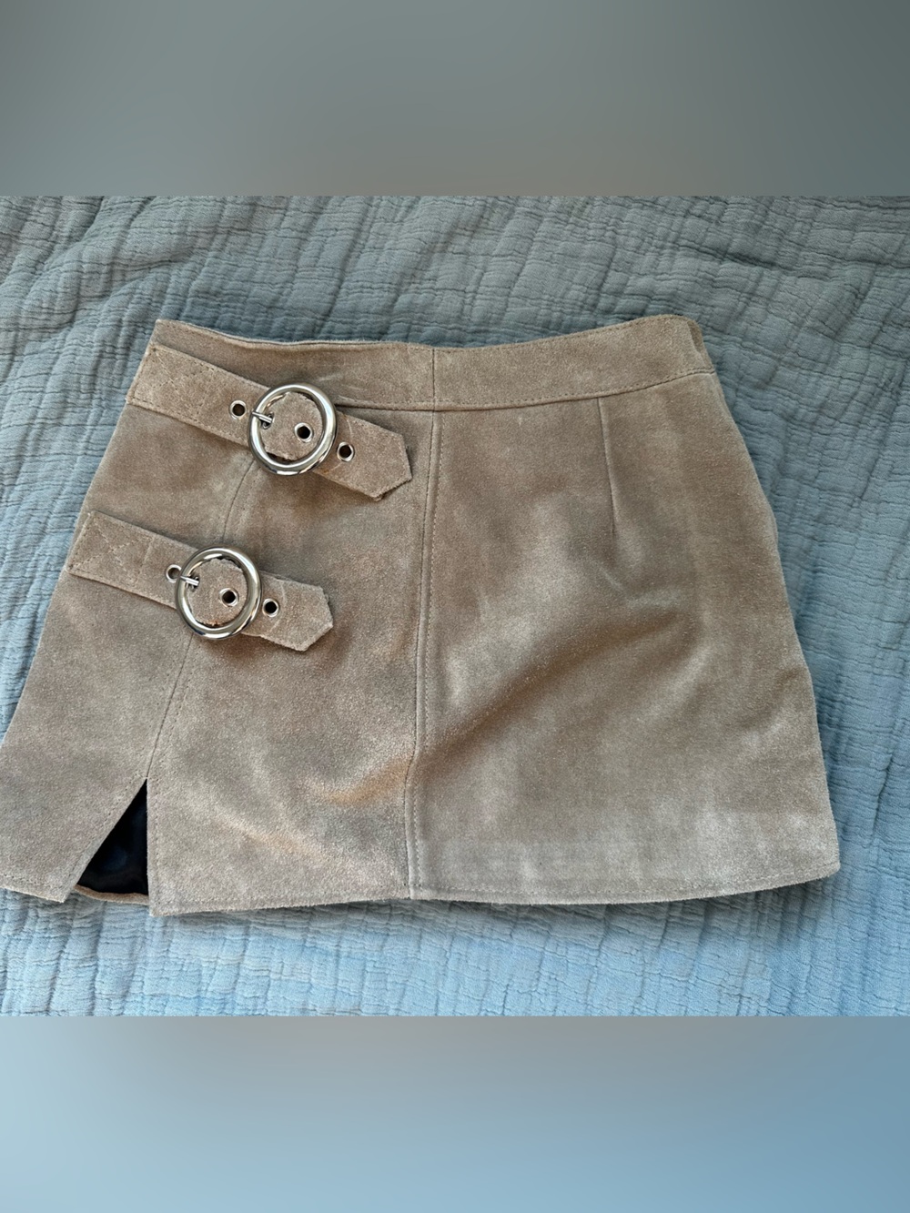Understated leather Taupe Suede Mini Skirt with Buckle Detail xs